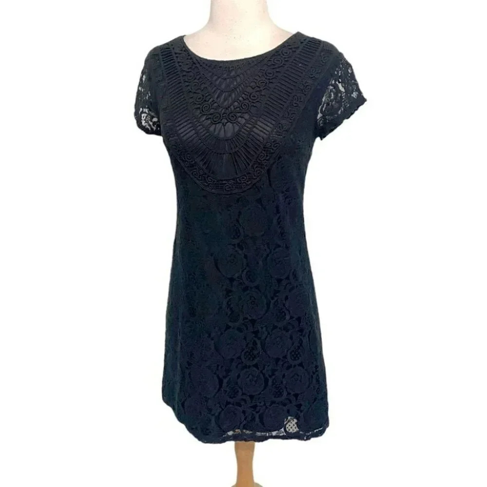 Xhilaration M Black crochet lace short sleeve dress Whimsigoth Dark Vampy‎ Fairy